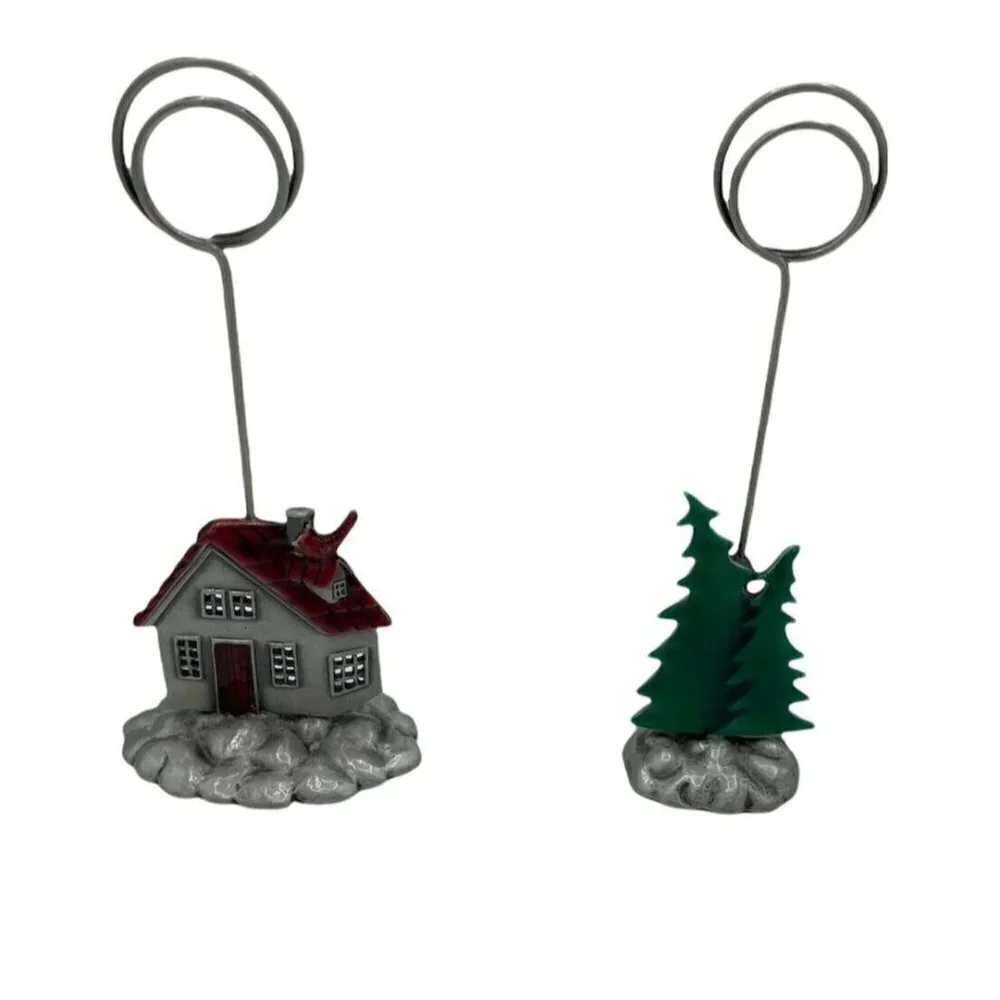 Christmas Place Card Holder Lot 2 Photo Tree House Cardinal Red Silver Tone